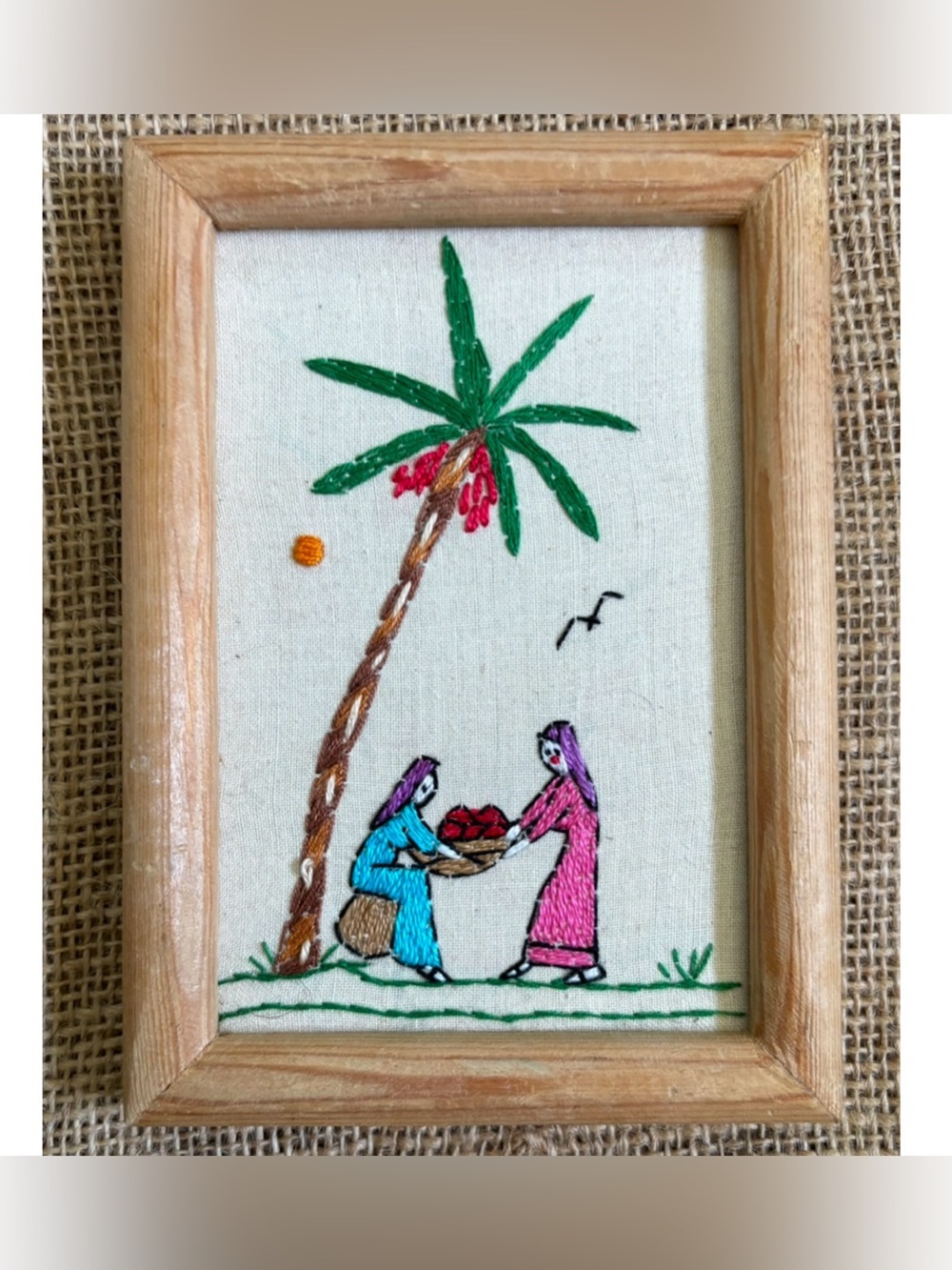 Vintage Small Linen Embroidered Framed Picture Egyptian Date Picking Palm Tree